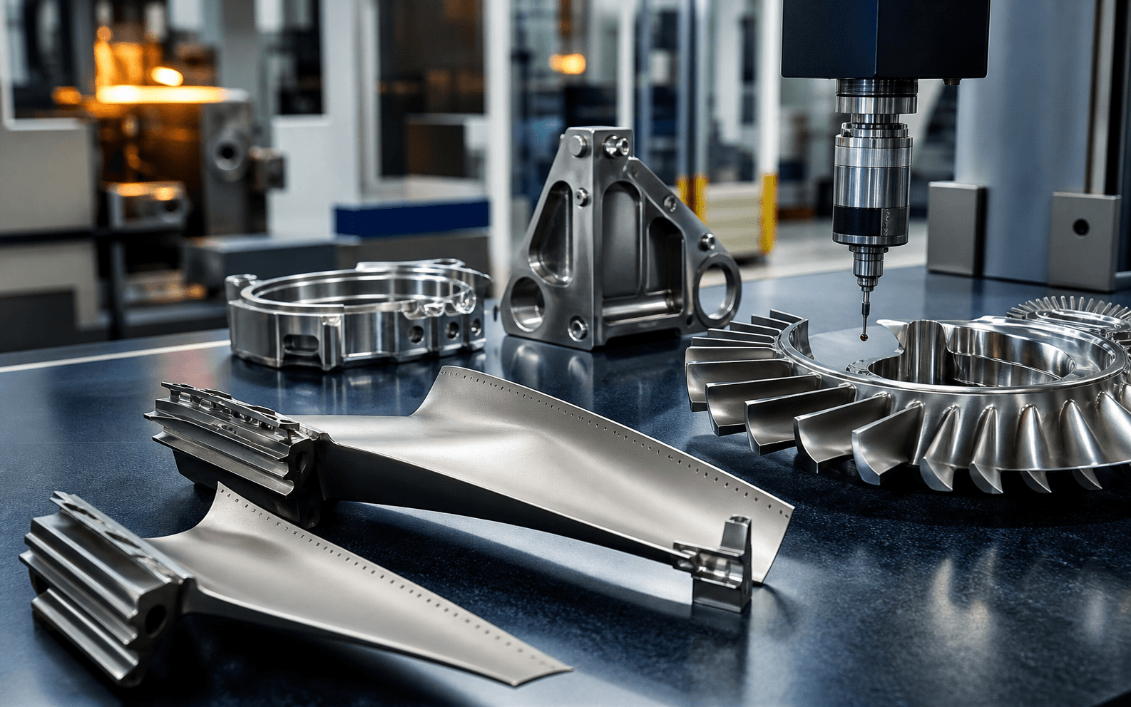 Aerospace components being inspected on a precision metrology table.