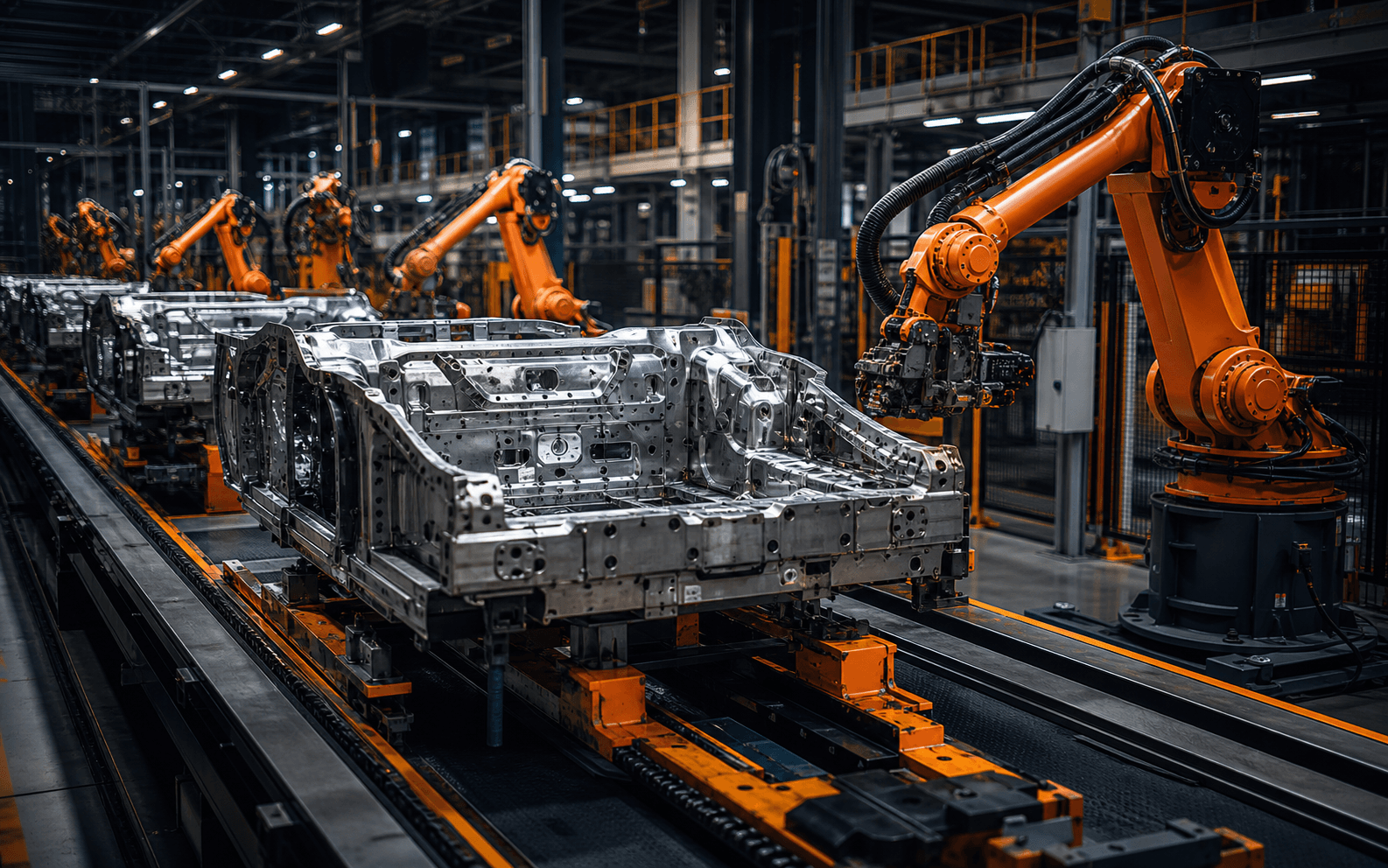 Automotive chassis moving through a robotic assembly line.