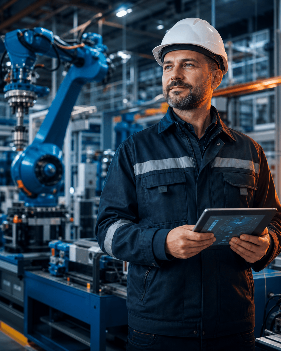 Factory engineer holding a tablet beside advanced robotic manufacturing equipment.