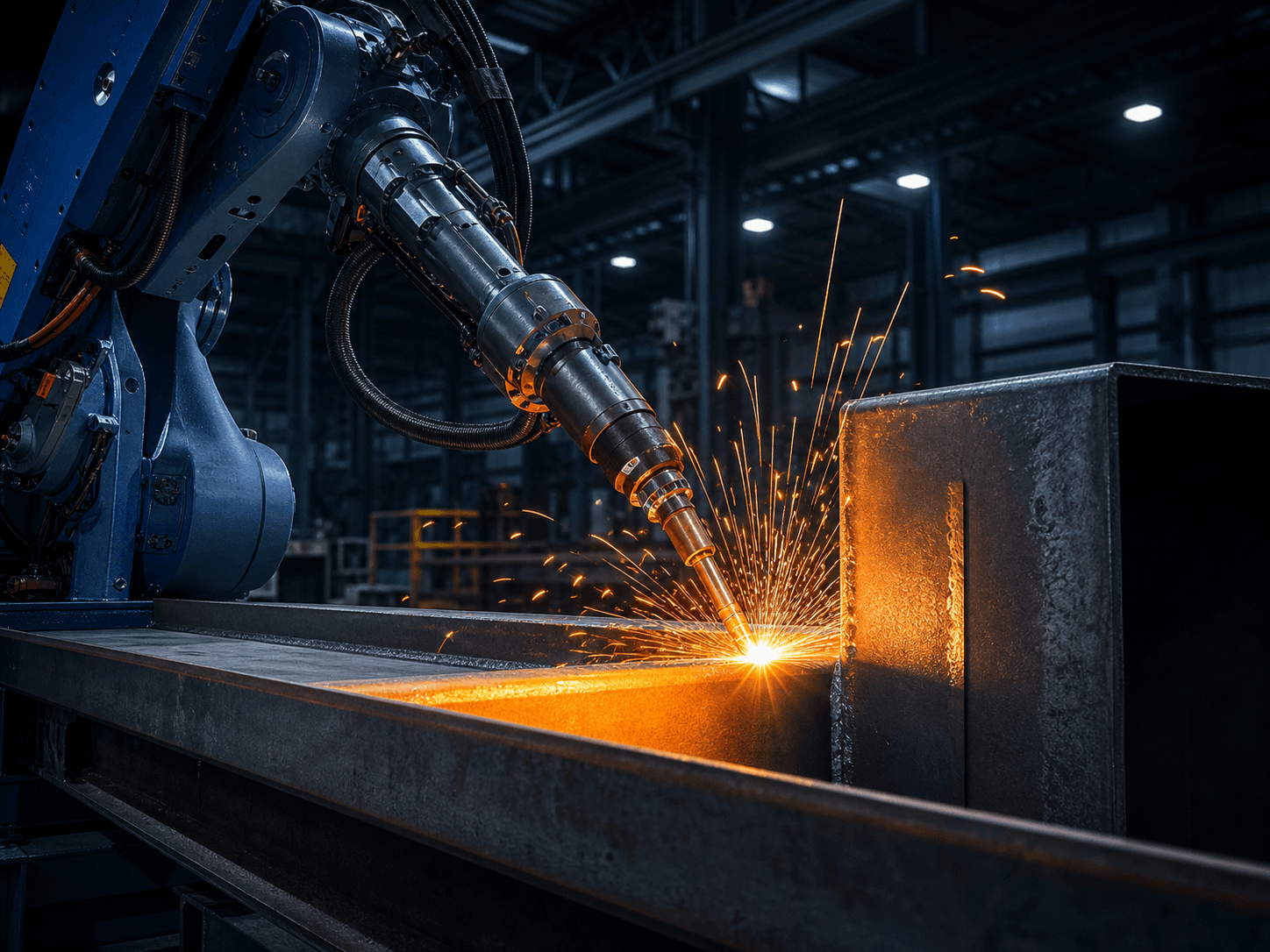 Robotic welding arm fabricating a structural steel component.