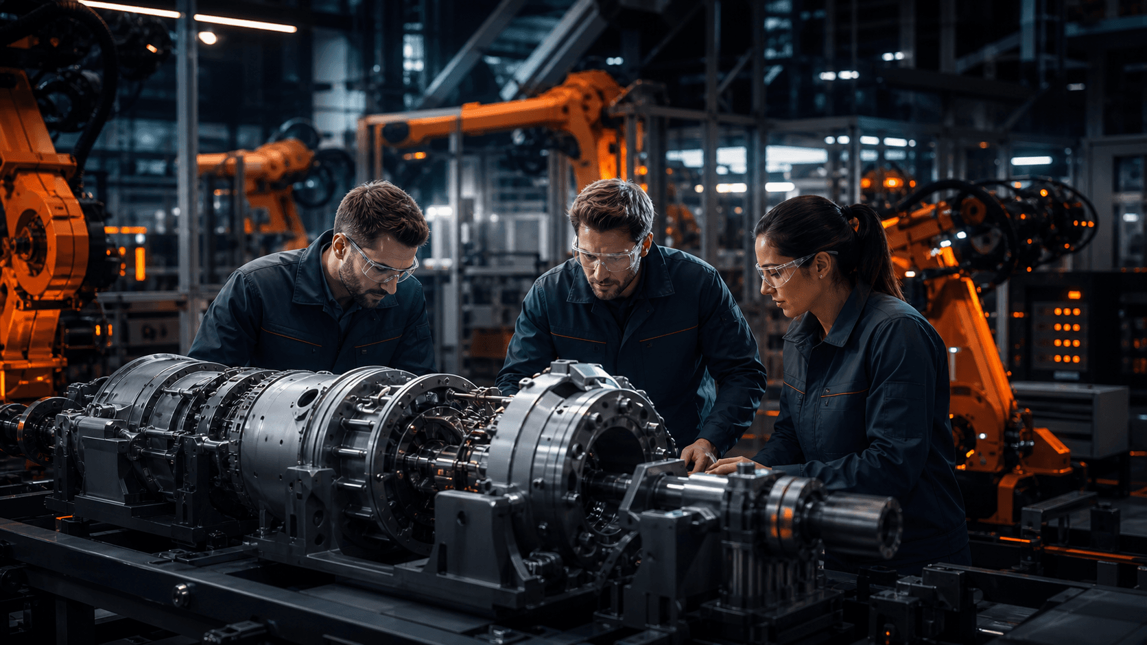 Manufacturing engineers reviewing a precision assembly inside a factory.
