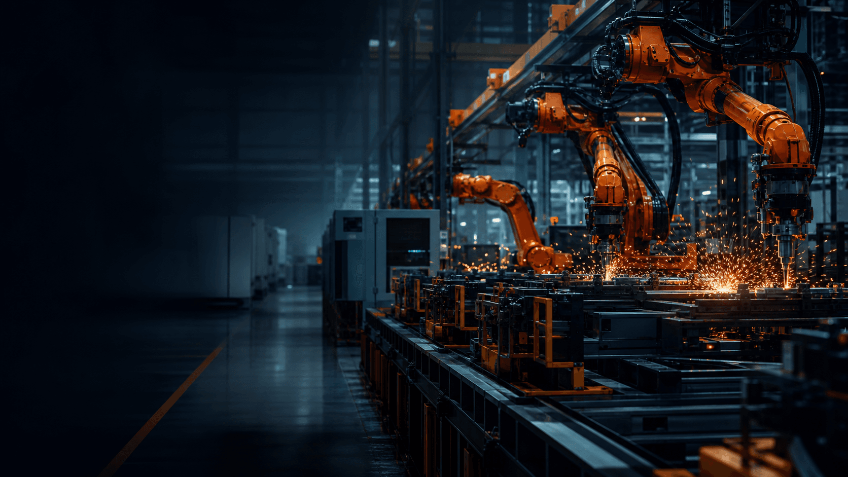 Robotic manufacturing line with CNC machinery and welding sparks.