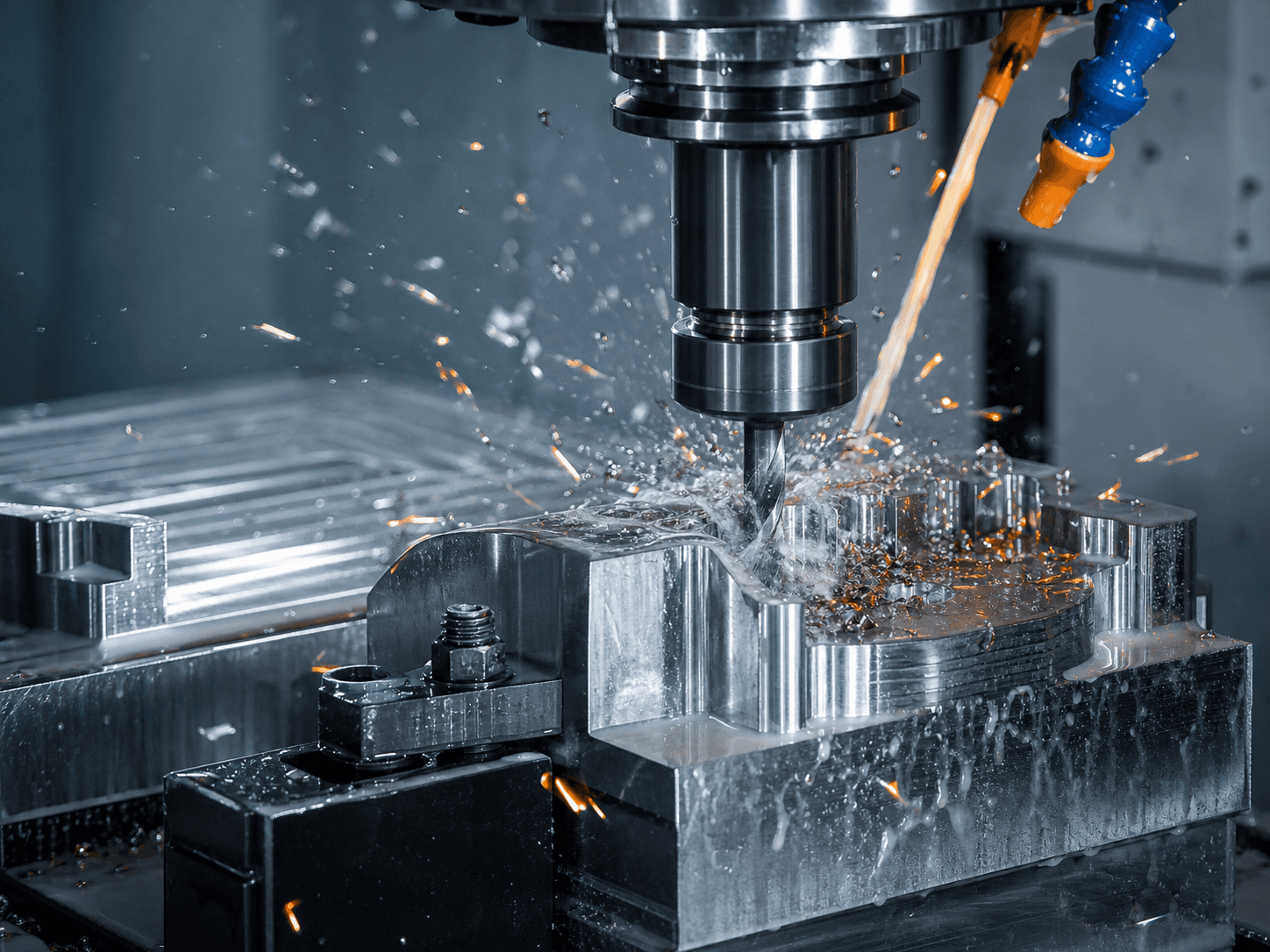 CNC machine cutting a precision metal part with coolant and sparks.