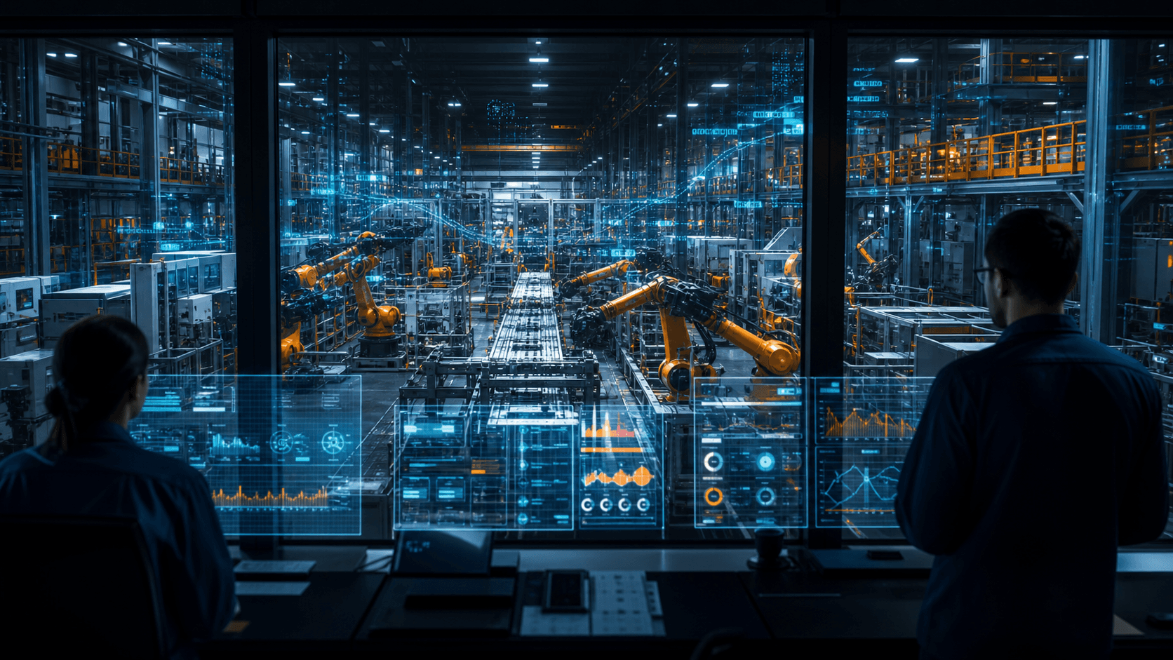 Smart manufacturing control room overlooking robotic production lines with connected systems.